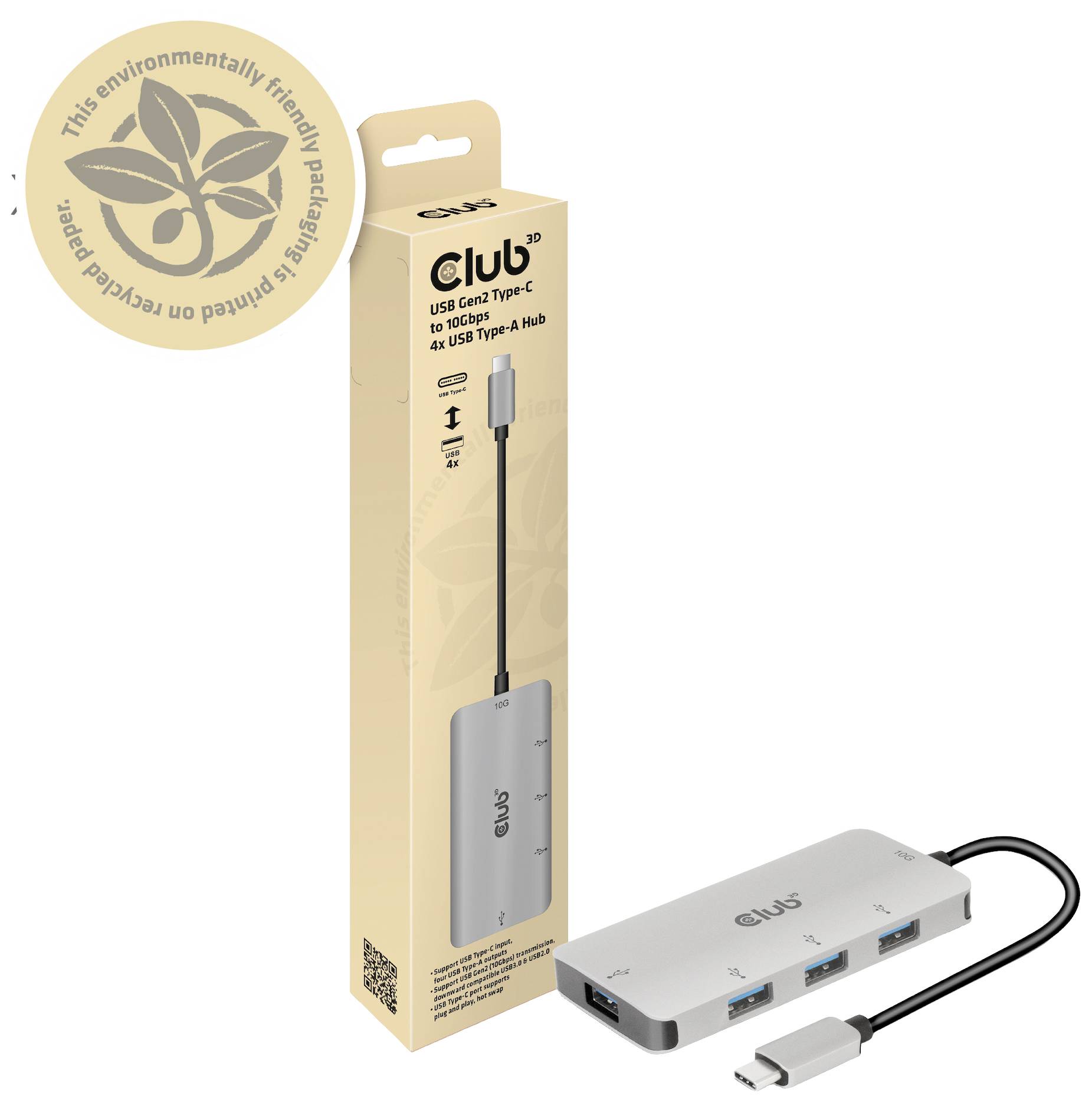 Hub USB Type-C et son emballage. Le hub dispose d'un port USB-C et de plusieurs ports USB-A. Emballage écologique.