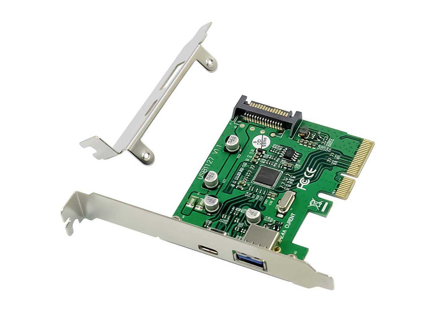 Carte PCIe avec ports USB et SATA, affichant un bouton vert avec des circuits intégrés.