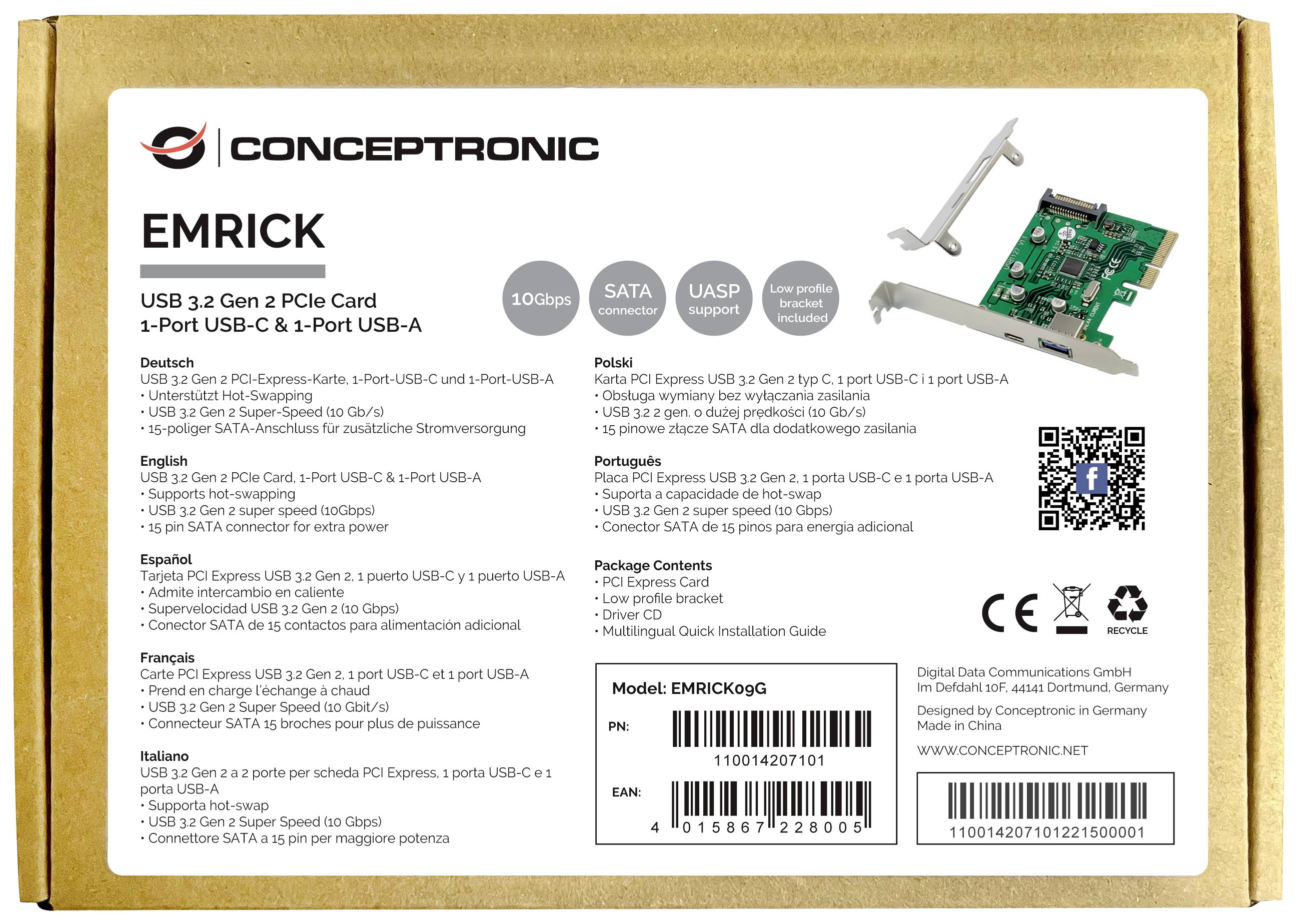 'Emballage d'une carte Conceptronic EMRICK PCIe avec port USB 3.2 Gen 2. Contient les spécifications techniques et le contenu de la livraison.'