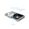 Châssis de disque dur avec emplacements pour HDD 3,5", SSD 2,5" et lecteur optique ultra-fin 5,25" (9,5 mm). Affichage des baies pour différents types de lecteurs.