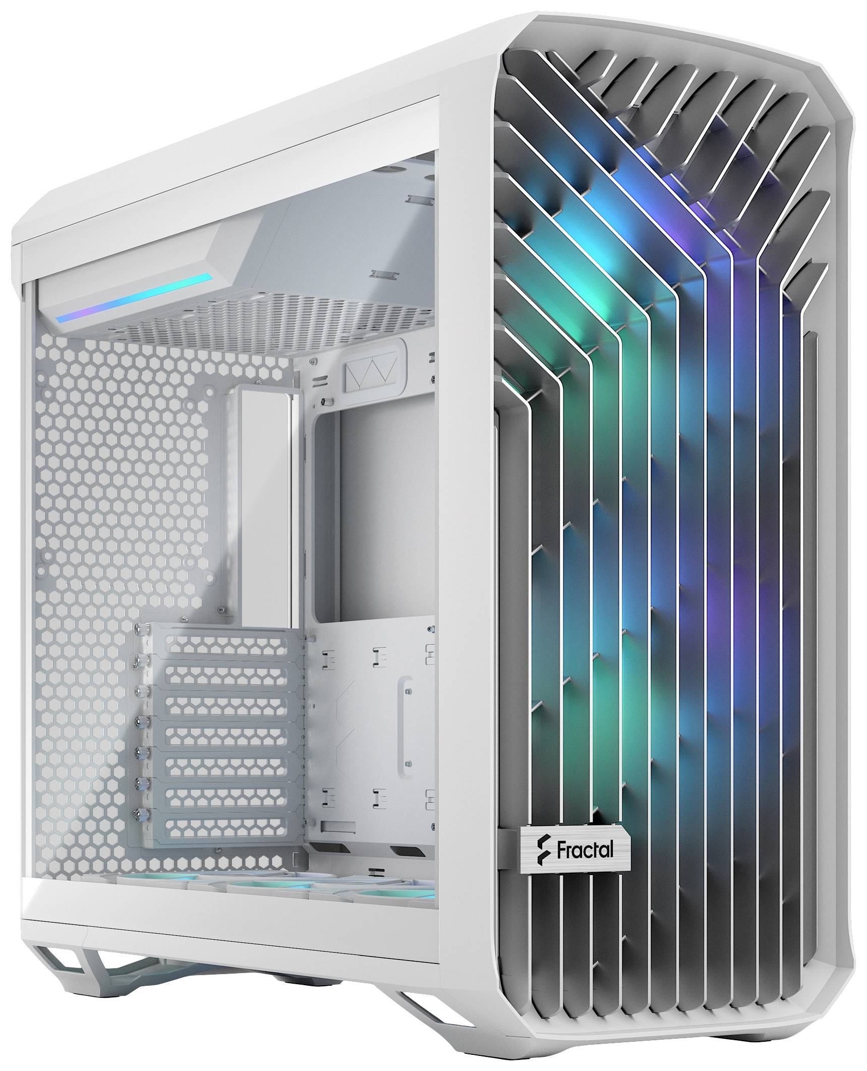 Un boîtier d'ordinateur blanc avec une fenêtre latérale transparente et un panneau avant équipé d'un éclairage RVB. Le boîtier est de la marque Fractal.