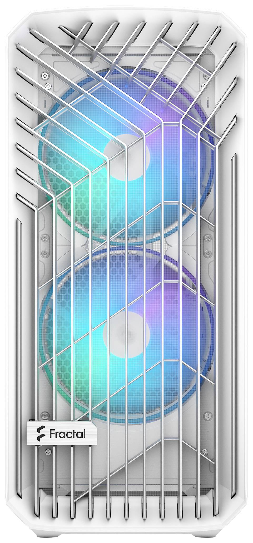 Un boîtier d'ordinateur avec deux ventilateurs lumineux bleu-vert et une grille métallique distinctive. Le nom de marque 'Fractal' est visible.