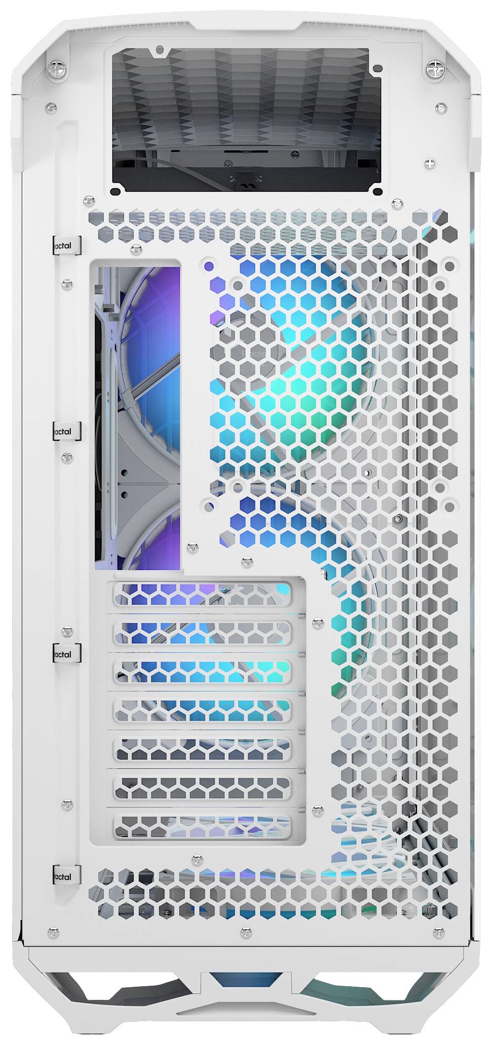 Le dos d'un boîtier d'ordinateur ouvert révèle des ventilateurs avec des LED bleues et vertes, mis en valeur par une grille en nid d'abeille.