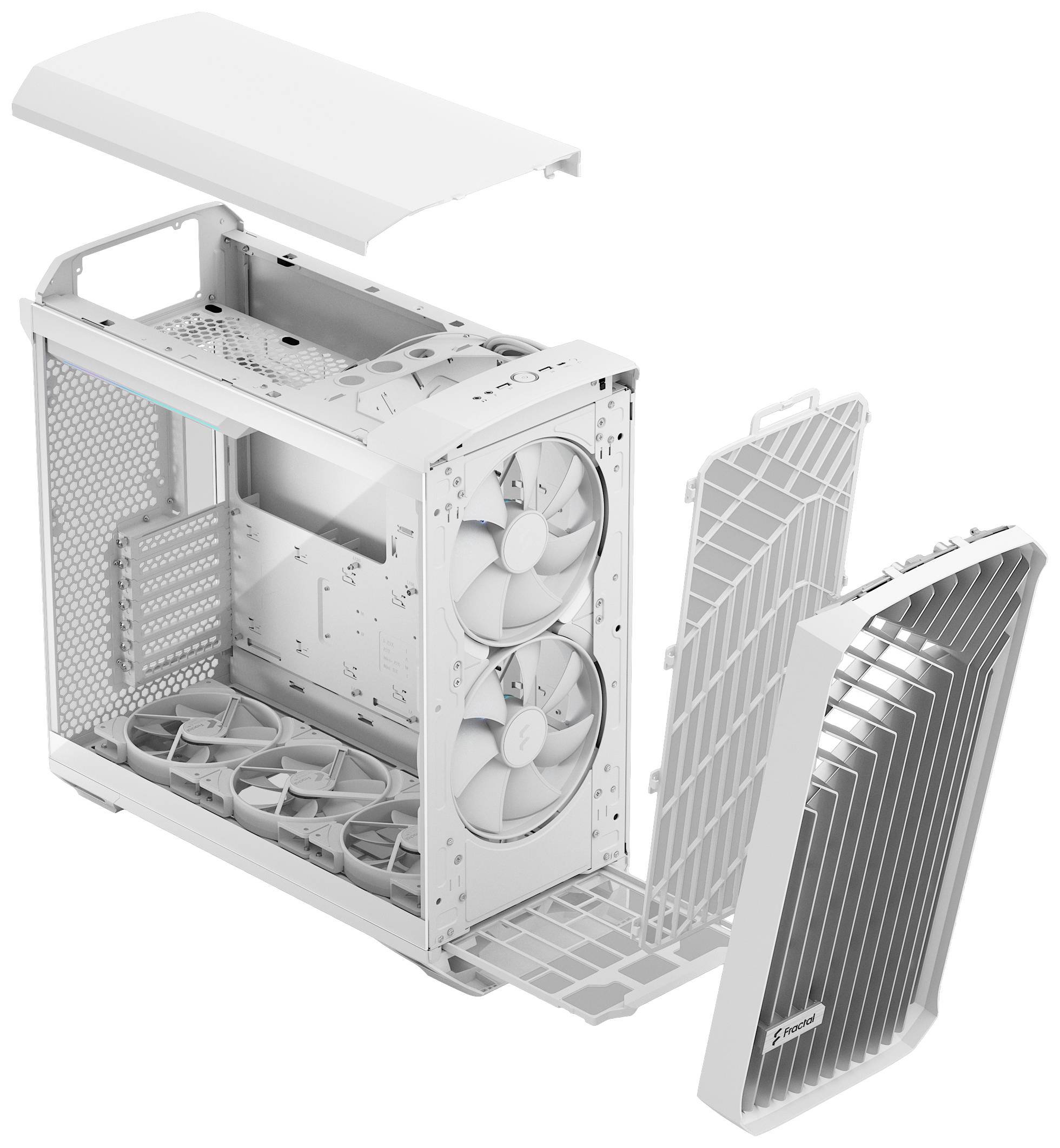 Un boîtier PC blanc ouvert montre des ventilateurs à l'avant et au sommet, prêt pour l'installation de matériel.