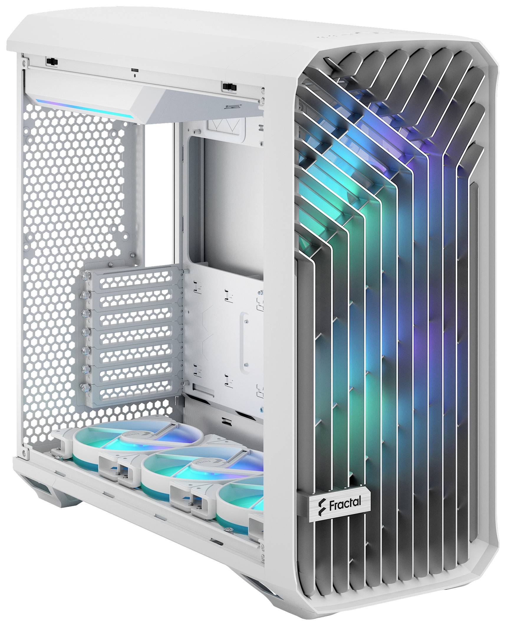 Boîtier d'ordinateur blanc avec ventilateurs latéraux et éclairage RVB, le nom de marque 'Fractal' visible.