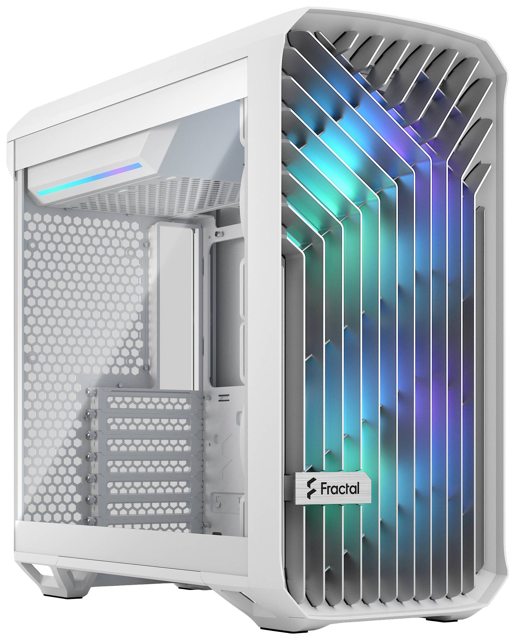 Boîtier d'ordinateur blanc avec un panneau latéral transparent et un éclairage RVB coloré sur la façade ; logo 'Fractal' visible.