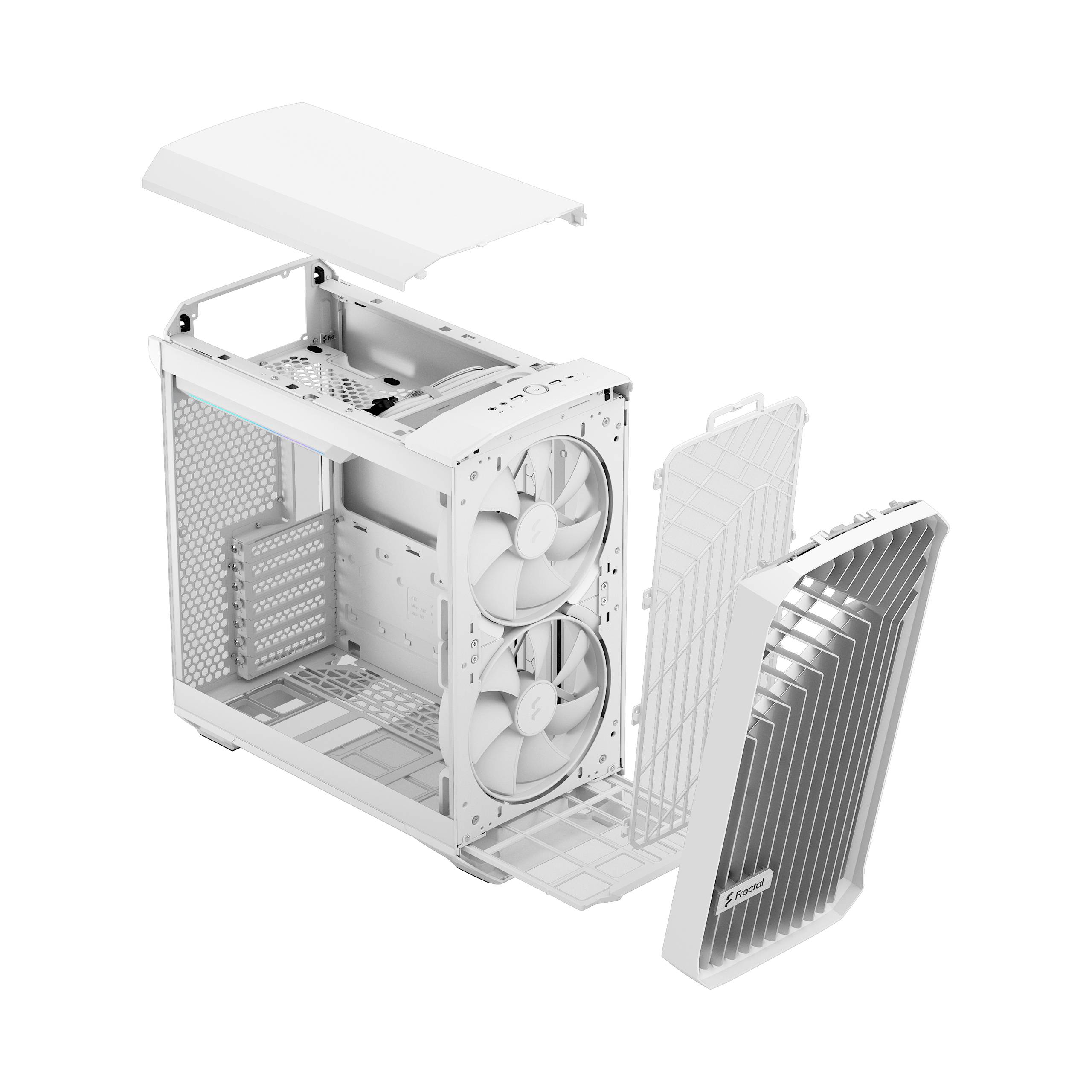 Vue éclatée d'un boîtier d'ordinateur blanc avec le panneau latéral retiré, montrant les ventilateurs internes et la structure du châssis.