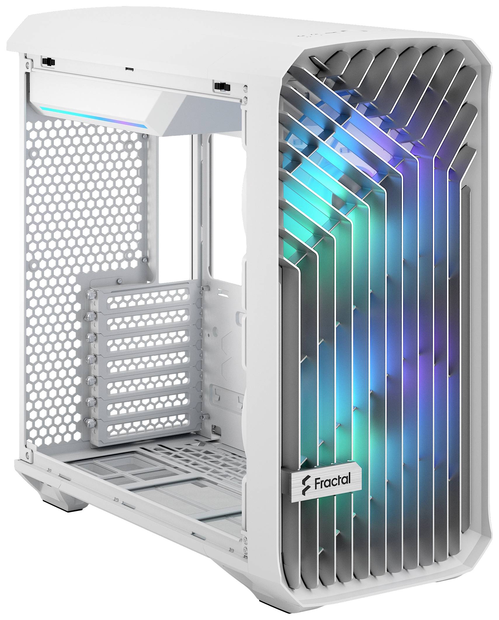 Boîtier d'ordinateur blanc avec des côtés ouverts, montrant des LED arc-en-ciel et un design aéré. Marquage 'Fractal' sur la façade.