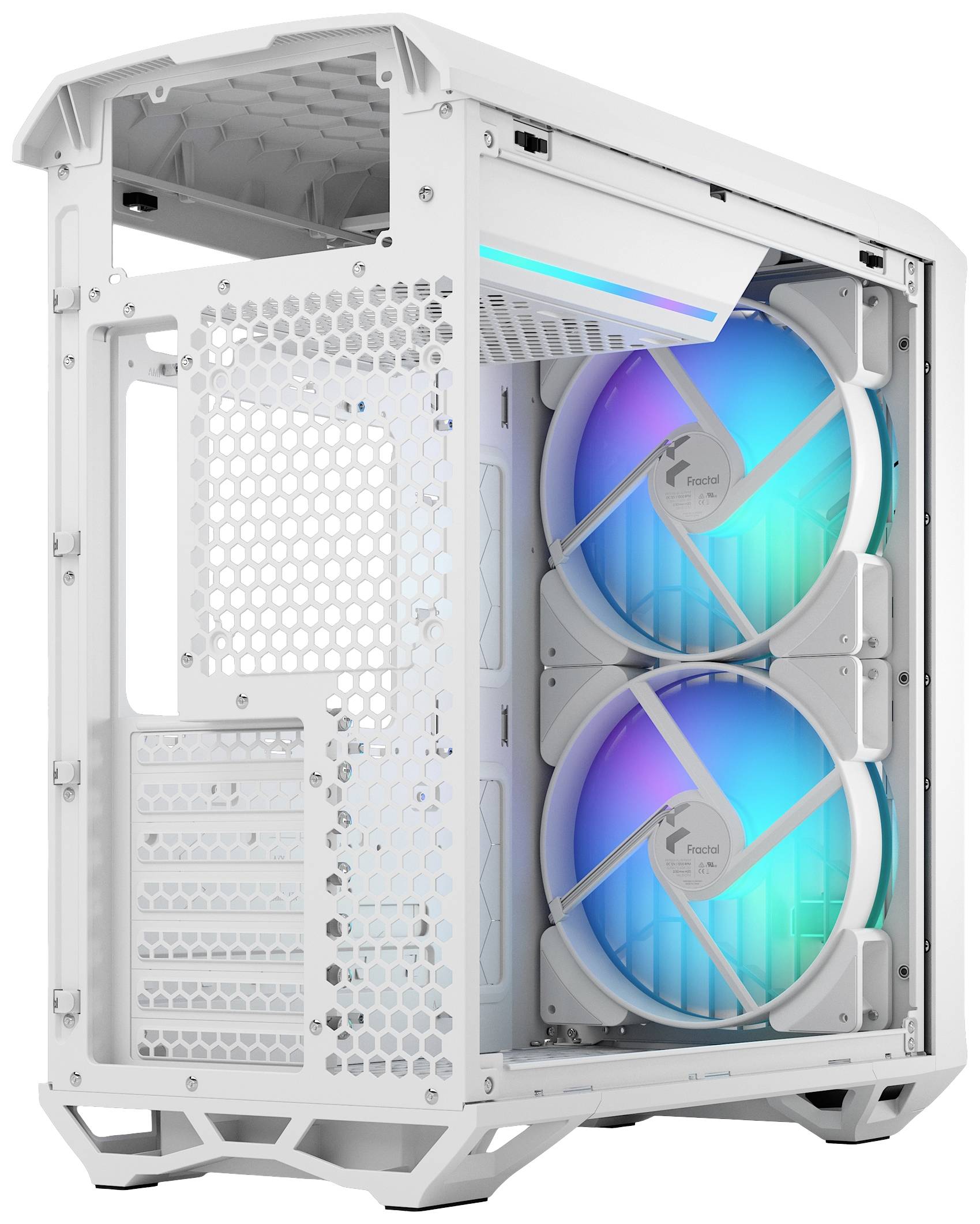 Boîtier d'ordinateur blanc avec paroi latérale transparente. Deux grands ventilateurs lumineux en tons bleu et vert sont visibles.