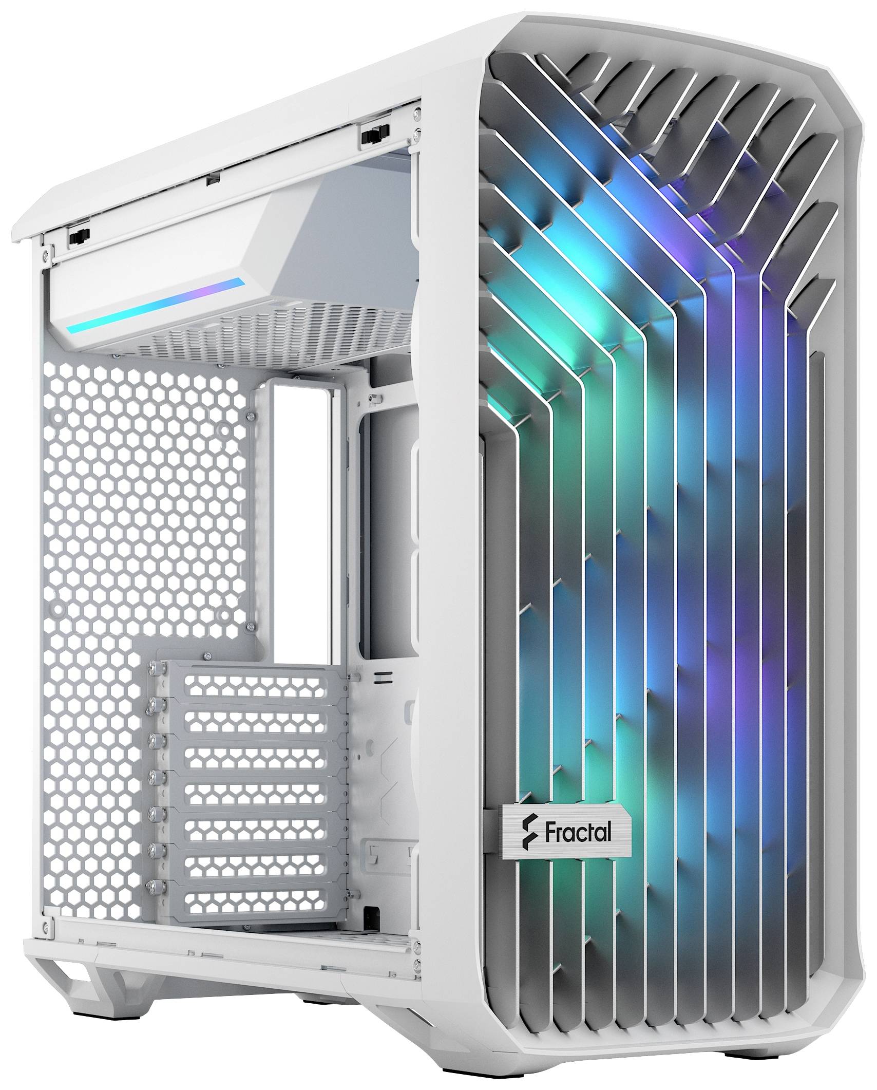 Un boîtier d'ordinateur blanc avec éclairage RVB sur la façade et une ventilation latérale. Adapté pour la construction d'un PC de bureau.