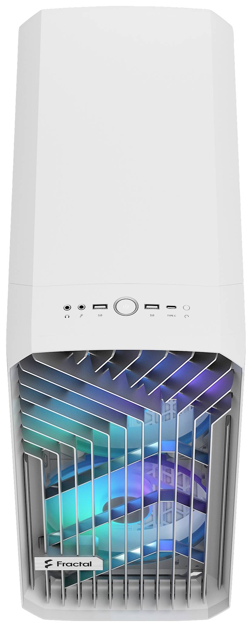 Un boîtier d'ordinateur blanc avec une grille d'aération frontale, présentant des lumières LED colorées et le logo Fractal.