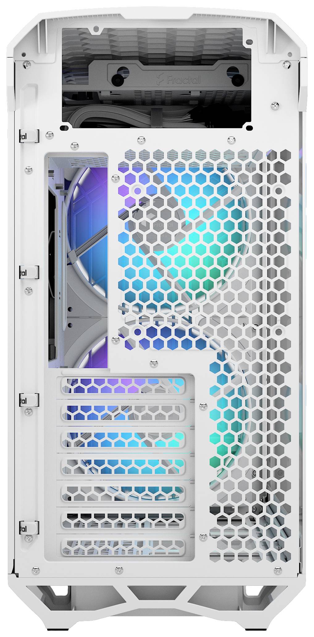 'Dos de boîtier d'ordinateur blanc avec une grande ouverture en maille et des ventilateurs RGB visibles à l'intérieur, favorisant le refroidissement et la circulation de l'air.'