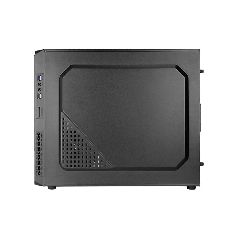 Un boîtier d'ordinateur noir moderne avec des ports USB sur le côté, adapté à une utilisation de bureau.