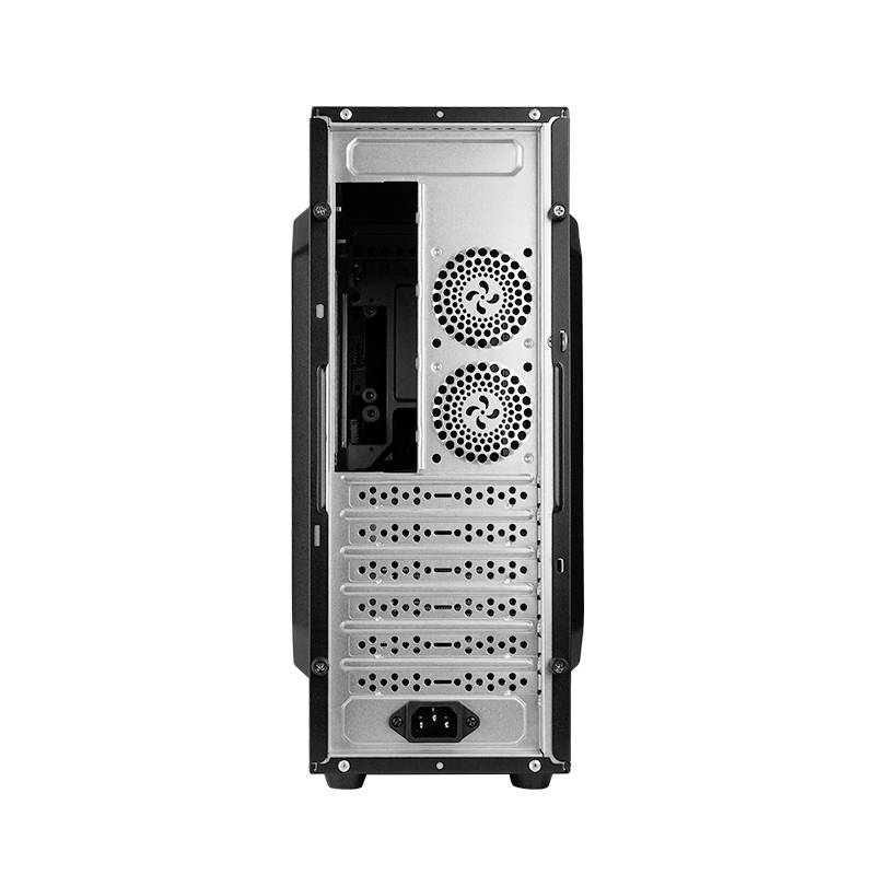 Un boîtier d'ordinateur vu de dos, montrant les grilles de ventilation, les emplacements d'extension et le connecteur d'alimentation. Aucun câble ni composant n'est visible.