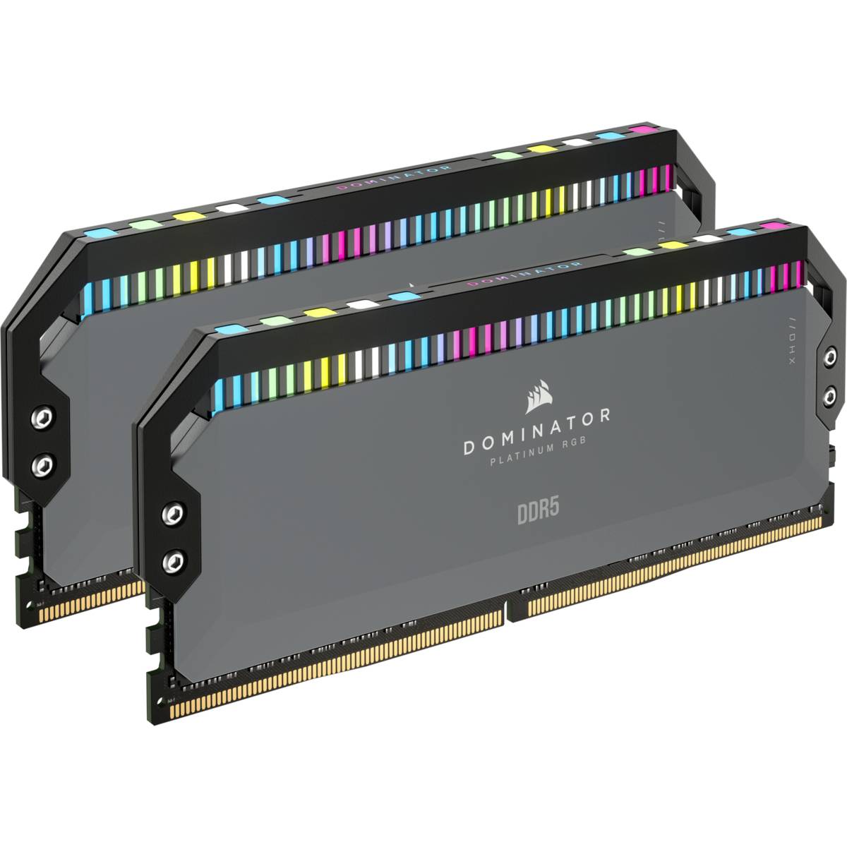 Deux modules RAM avec un éclairage RVB sophistiqué. Texte sur les modules : « Dominator Platinum RGB DDR5 ». Optimaux pour les PC gaming.