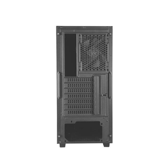 Dos d'un boîtier d'ordinateur avec une grille de ventilation et plusieurs emplacements d'extension, montrant l'espace pour le refroidissement et les cartes d'extension.