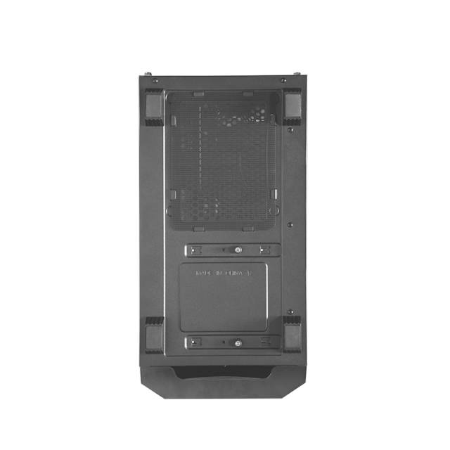 Un boîtier d'ordinateur noir vu de dessous, avec une grille de ventilation visible, monté sur quatre pieds d'angle pour assurer la ventilation et la stabilité.
