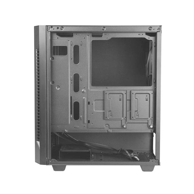 Boîtier d'ordinateur noir avec un panneau latéral ouvert, montrant les compartiments internes et les options de gestion des câbles pour les composants PC.