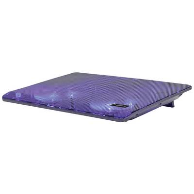 Un refroidisseur pour ordinateur portable avec éclairage LED bleu, design plat, deux ventilateurs pour un refroidissement amélioré et une inclinaison ergonomique.