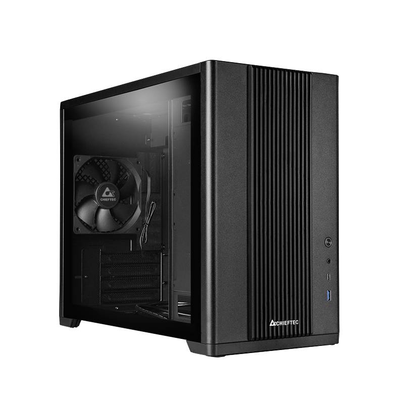 Un boîtier d'ordinateur noir avec un panneau latéral transparent qui dévoile l'intérieur et un ventilateur intégré.