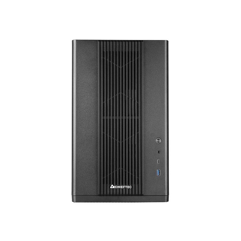 Boîtier PC noir de Chieftec, orienté verticalement, avec des fentes de ventilation. Comprend des ports USB et un port audio à l'avant.