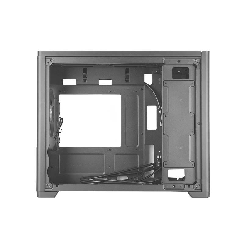 Boîtier d'ordinateur noir ouvert, vu de face, montrant l'espace pour les lecteurs et la gestion des câbles. Aucun composant n'est installé.