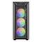 Un boîtier d'ordinateur noir avec trois ventilateurs visibles affichant des lumières RGB colorées, portant la marque 'Cooler Master' sur le cache inférieur des ventilateurs.