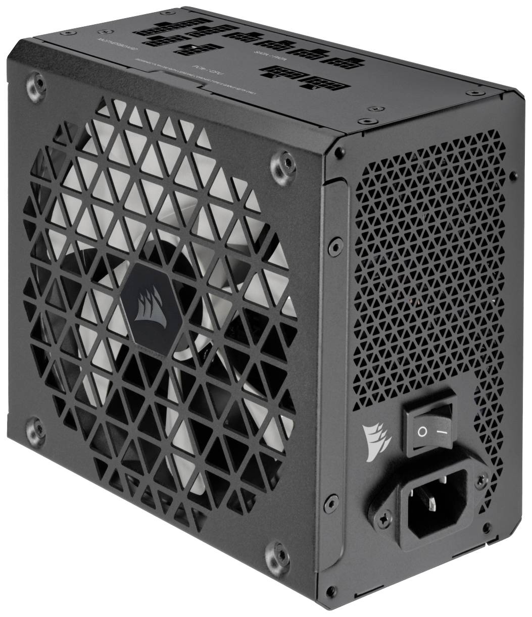 Bloc d'alimentation d'ordinateur noir avec grille de ventilateur et interrupteur. Il affiche un logo de marque et des trous d'aération sur les côtés.