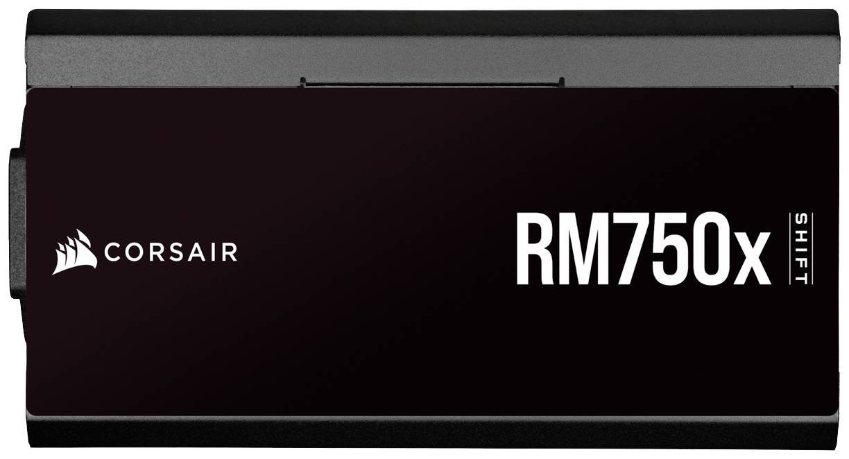 Bloc d'alimentation Corsair RM750x Shift en boîtier noir, adapté aux ordinateurs de bureau, affichant la marque et la référence du modèle.