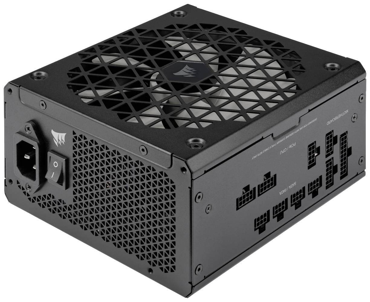 'Bloc d'alimentation PC noir avec grille de ventilateur et bornes amovibles sur le côté. Marquage sur le ventilateur.'