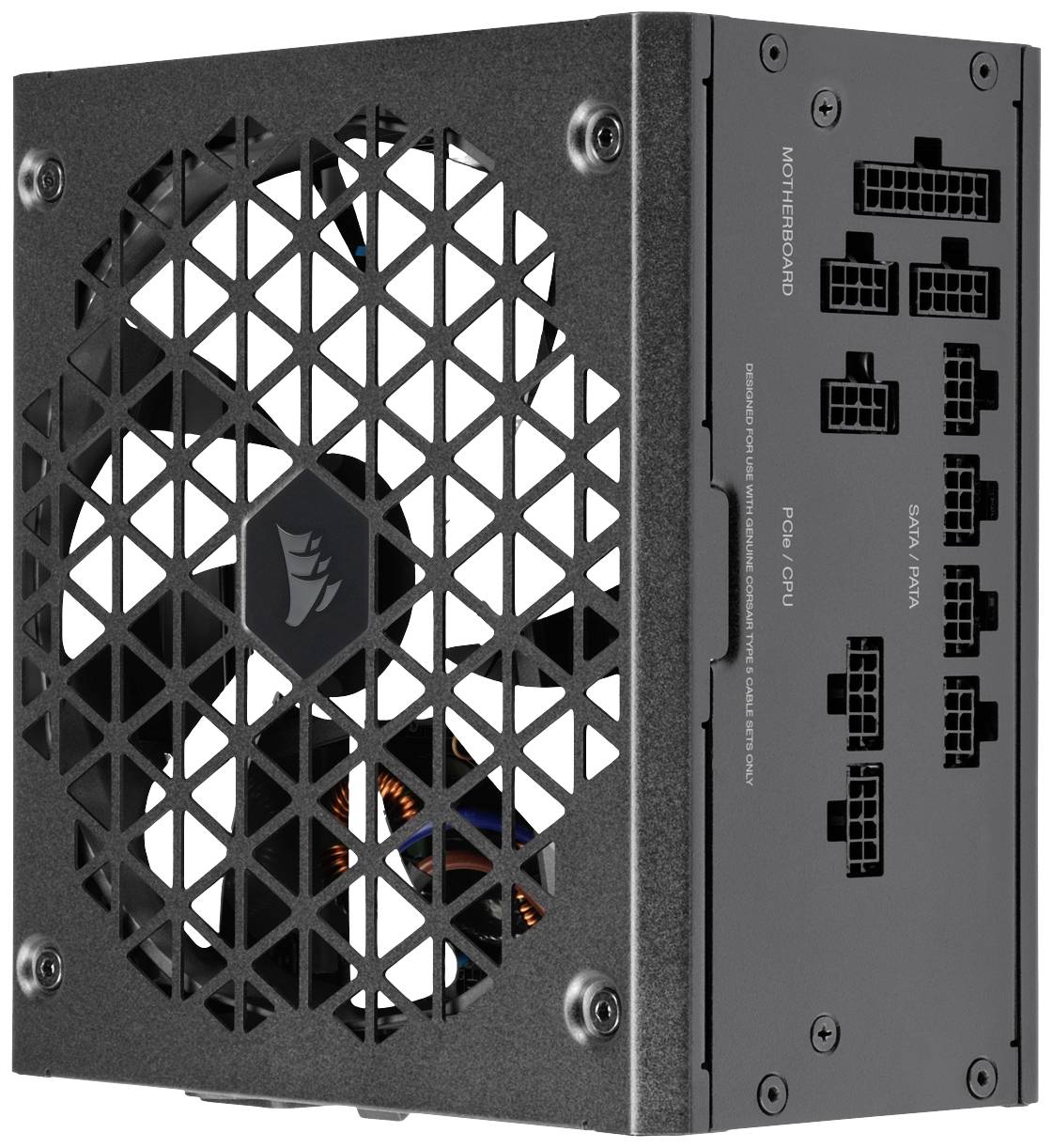 Bloc d'alimentation PC noir avec grille de ventilation et connexions modulaires, adapté pour l'installation dans un ordinateur afin d'assurer son alimentation électrique.