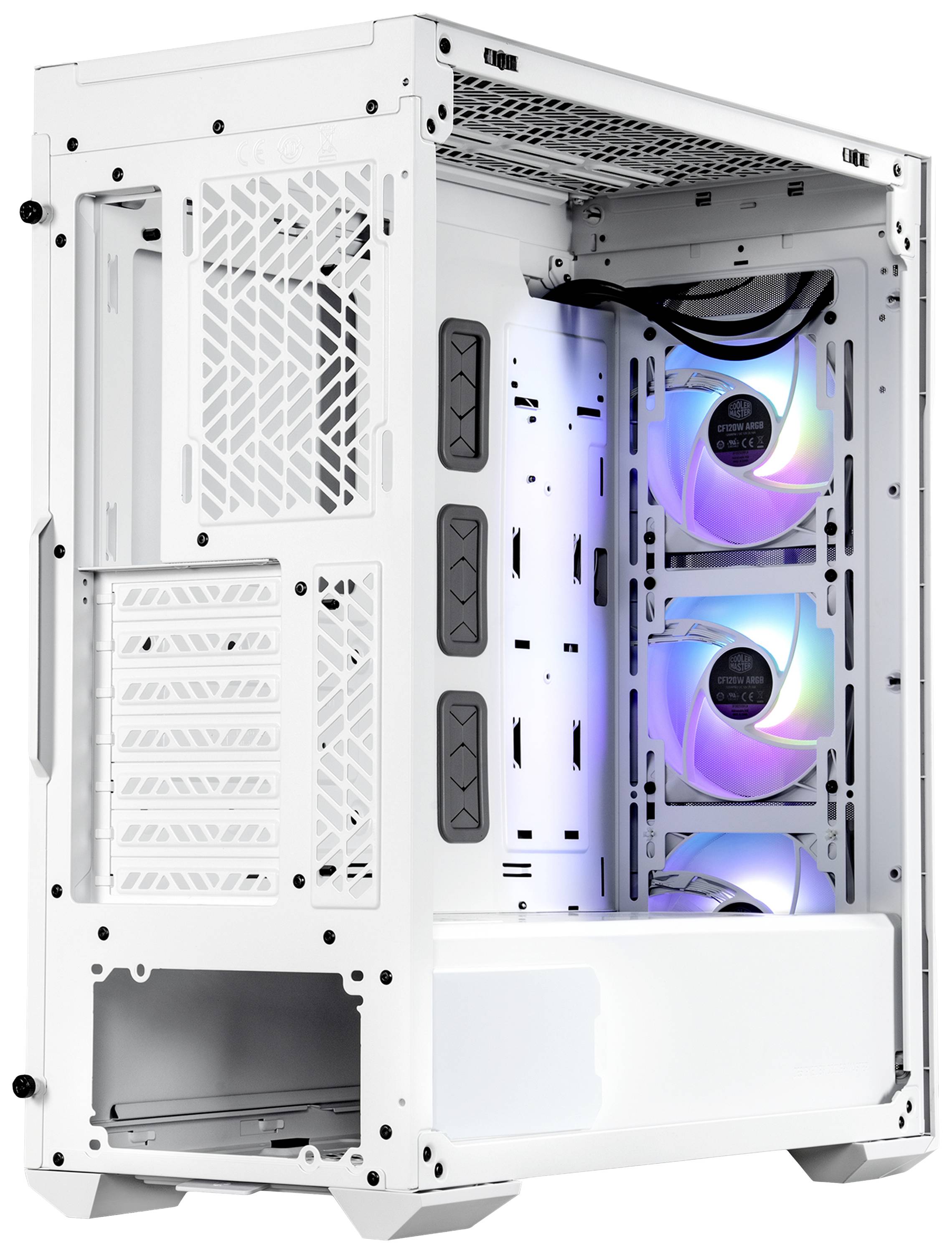 Boîtier d'ordinateur blanc avec des parois latérales transparentes, trois ventilateurs éclairés et plusieurs points de fixation pour les composants.