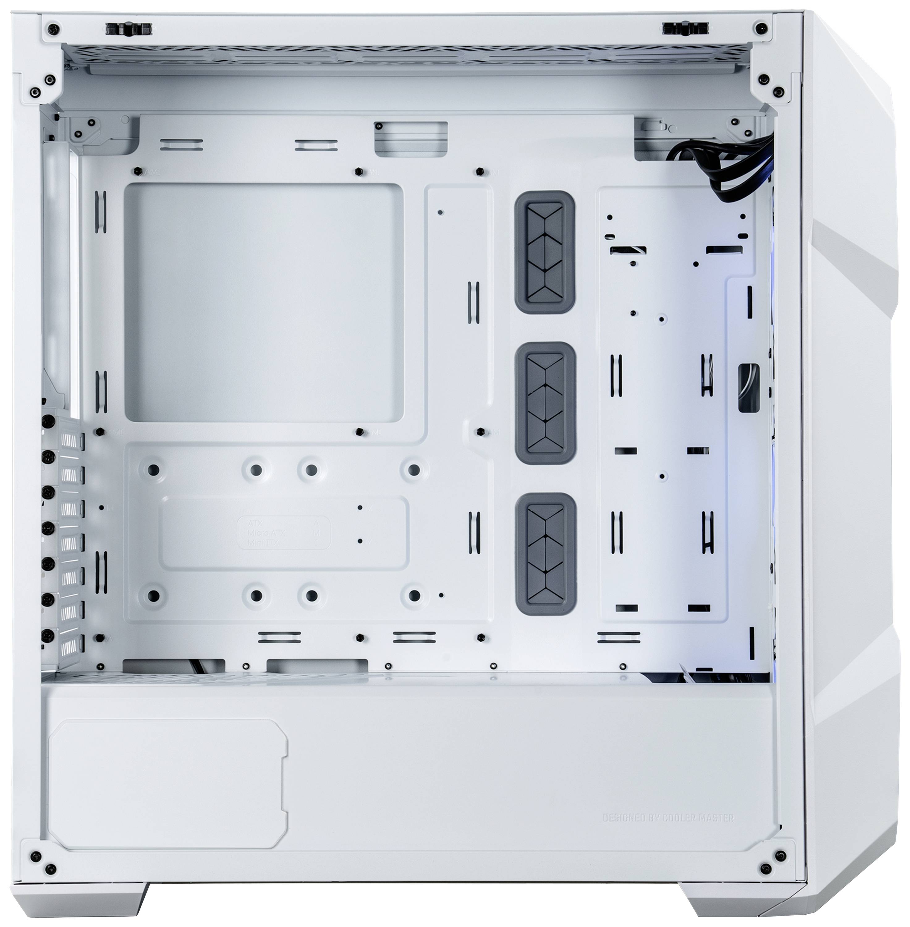 Boîtier d'ordinateur blanc vide avec panneaux ouverts, présenté de face. Les espaces intérieurs sont visibles, adapté aux configurations de PC personnalisées.