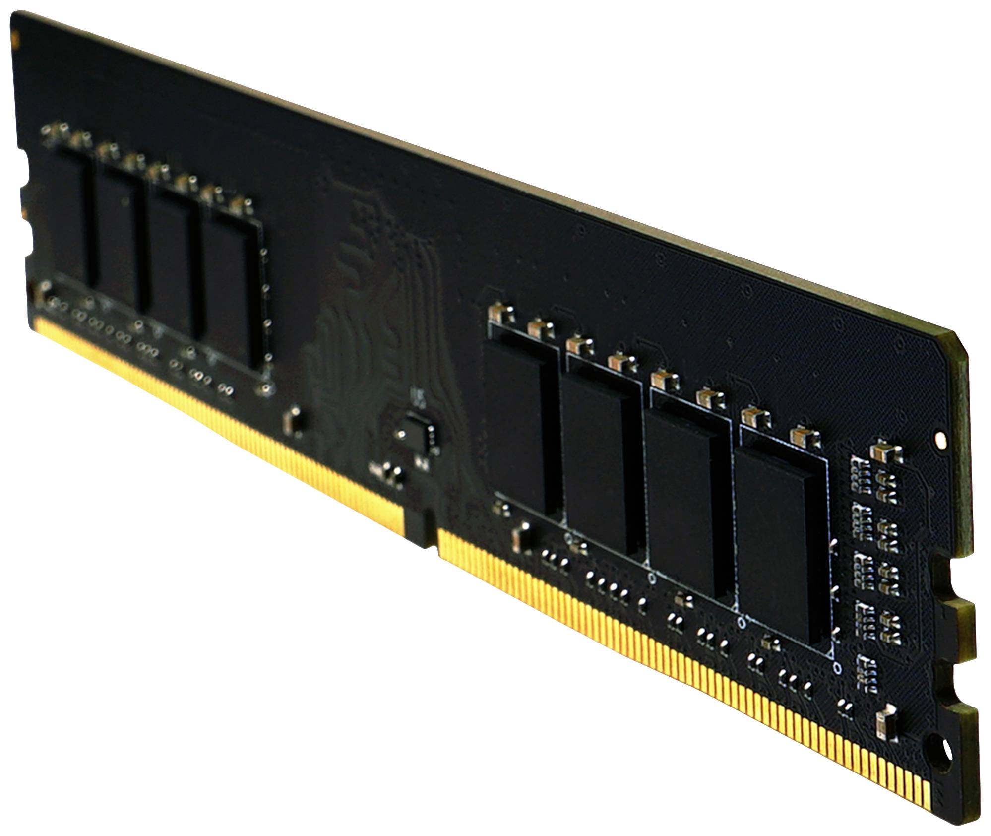 Un module RAM en gros plan, noir avec une barrette de contacts dorée, montrant des puces mémoire et des pistes de circuit imprimé, un accessoire informatique typique.