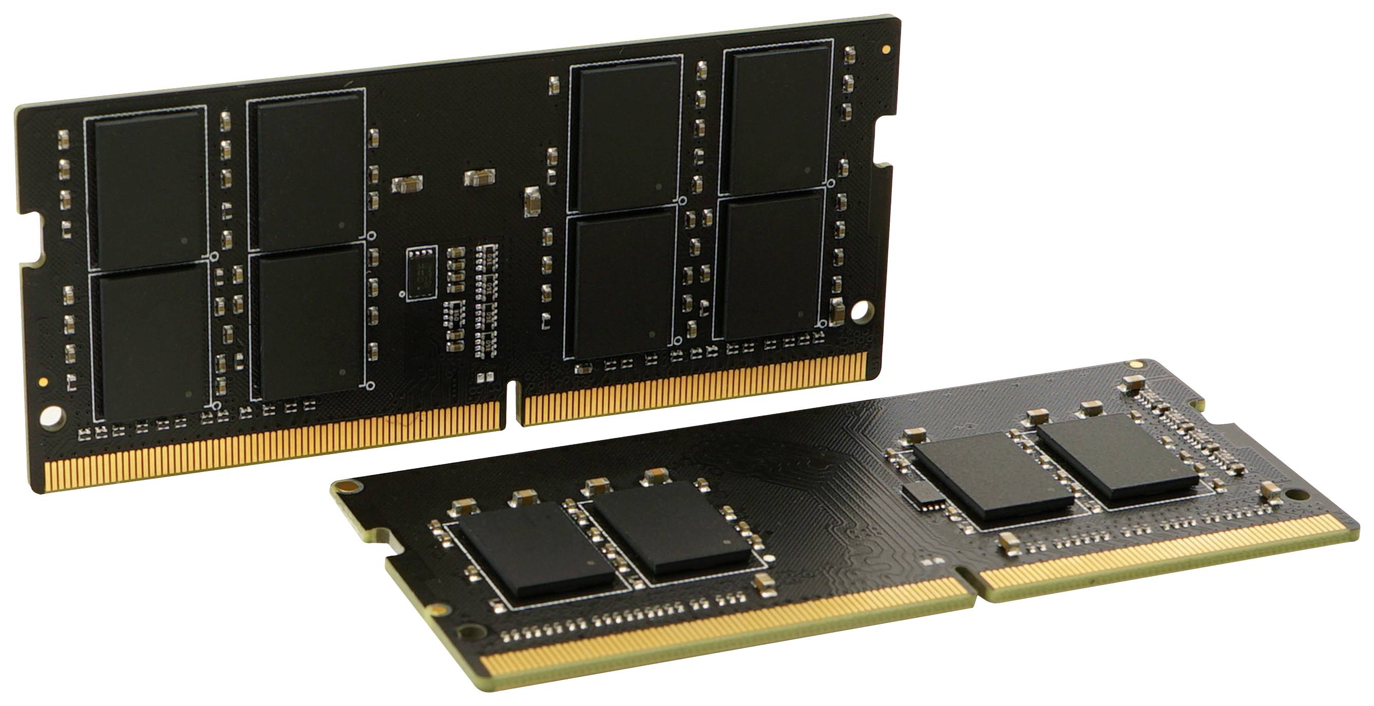 Deux barrettes de RAM sur un fond blanc. La barrette supérieure est positionnée verticalement, tandis que celle du bas est couchée à plat, révélant huit puces de mémoire.