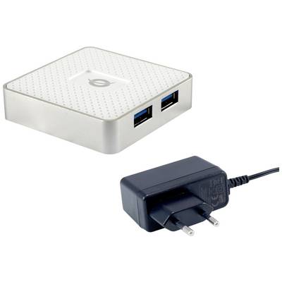 Un petit périphérique USB blanc avec deux ports est posé à côté d'un bloc d'alimentation secteur noir.