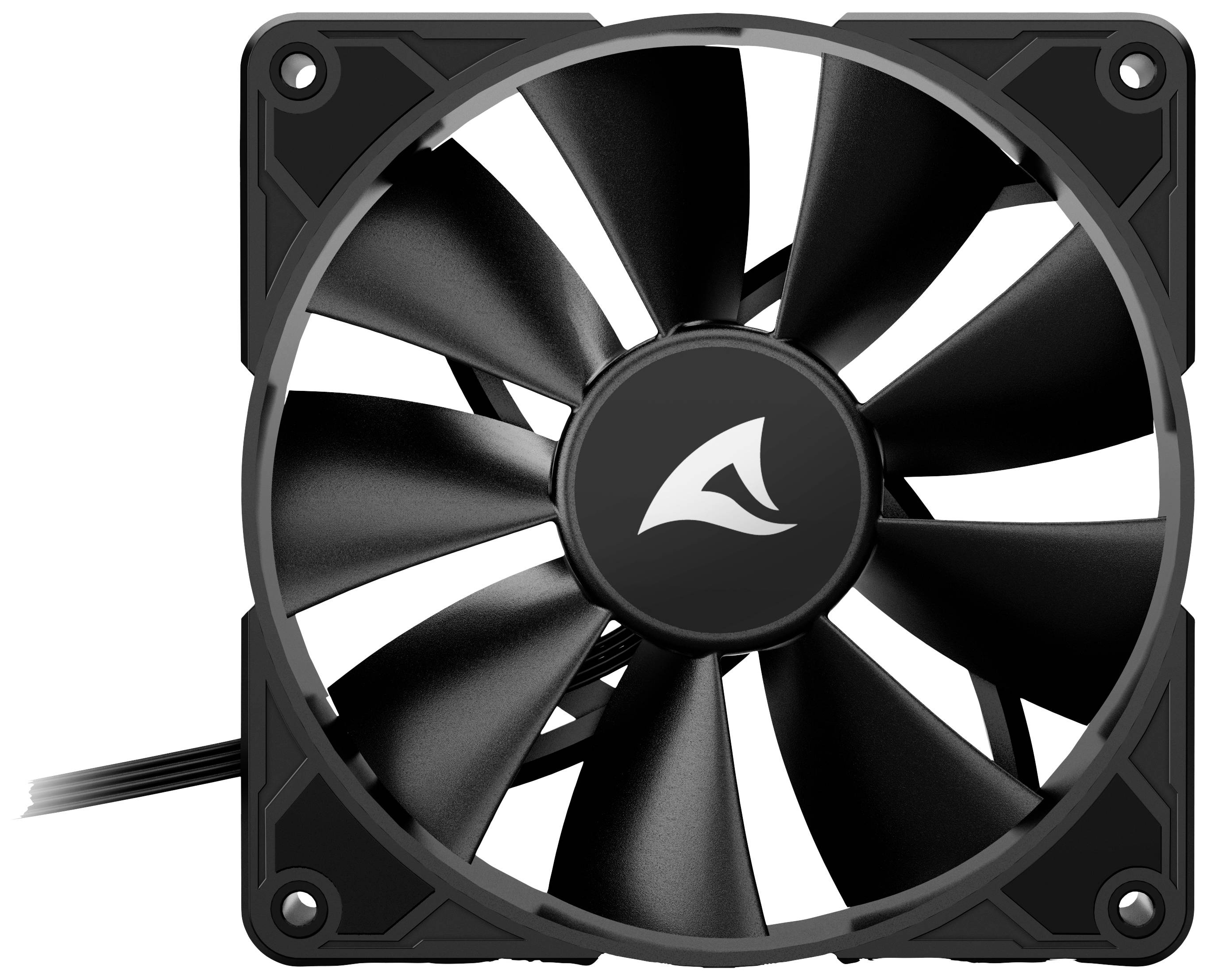 Un ventilateur d'ordinateur noir à neuf pales, avec un cadre carré et un câble. Un logo stylisé est situé au centre.