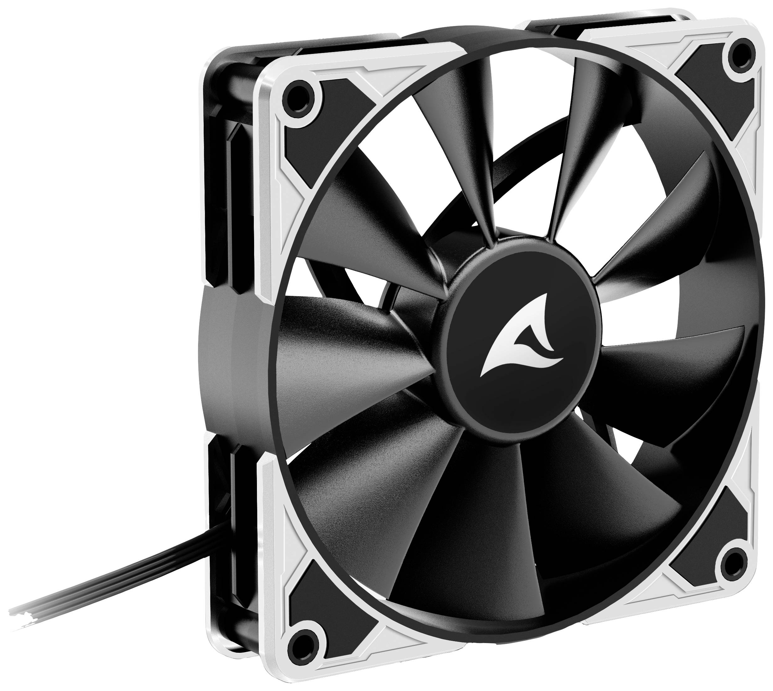 Un ventilateur d'ordinateur noir avec neuf pales et un cadre en plastique blanc, adapté pour le refroidissement des boîtiers d'ordinateur.