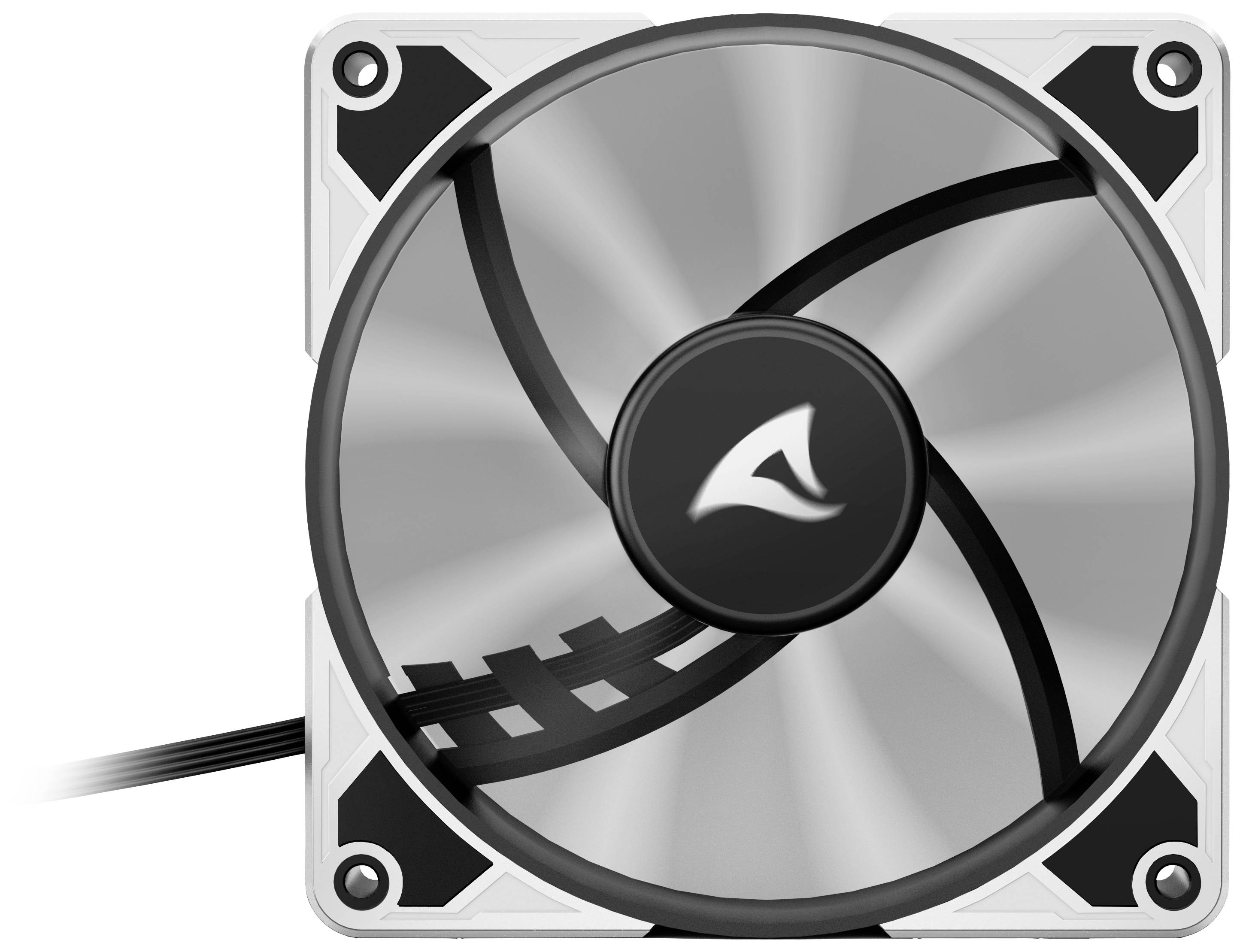 Un ventilateur d'ordinateur en tons de gris, avec un logo central, sur un fond blanc.