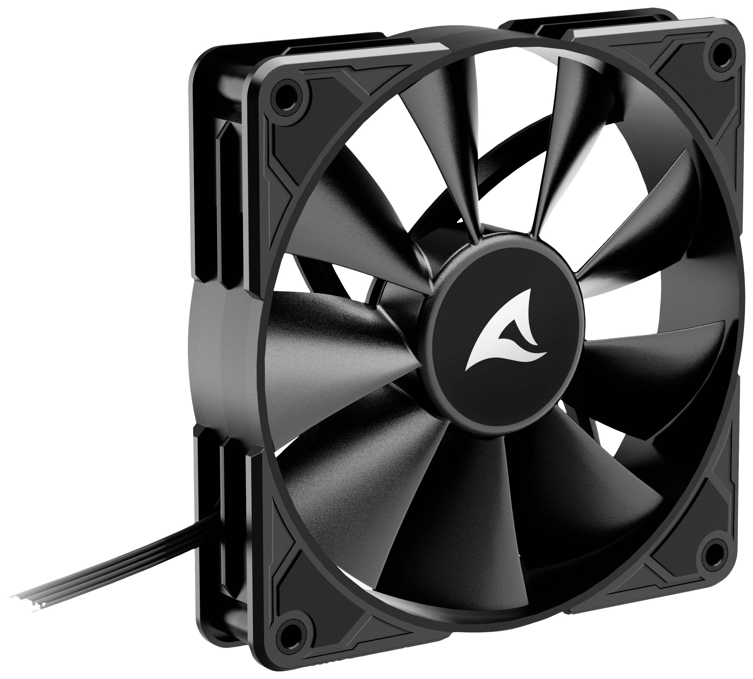 Un ventilateur d'ordinateur noir à six pales, avec les câbles situés sur le côté gauche.