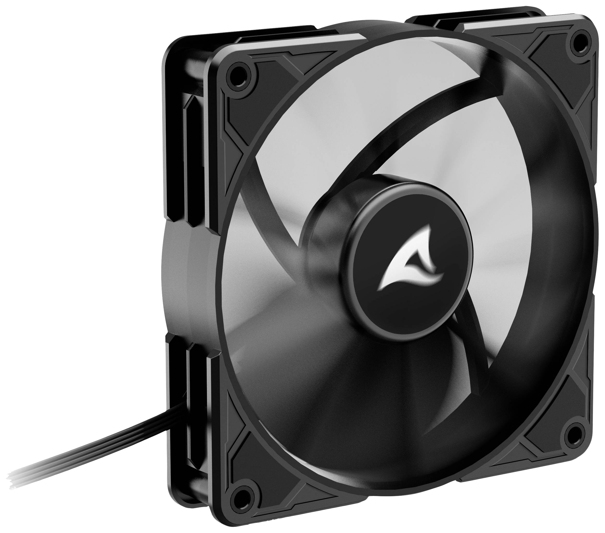 Ventilateur d'ordinateur noir avec un cadre noir et des pales transparentes. Un logo est situé sur le moyeu.