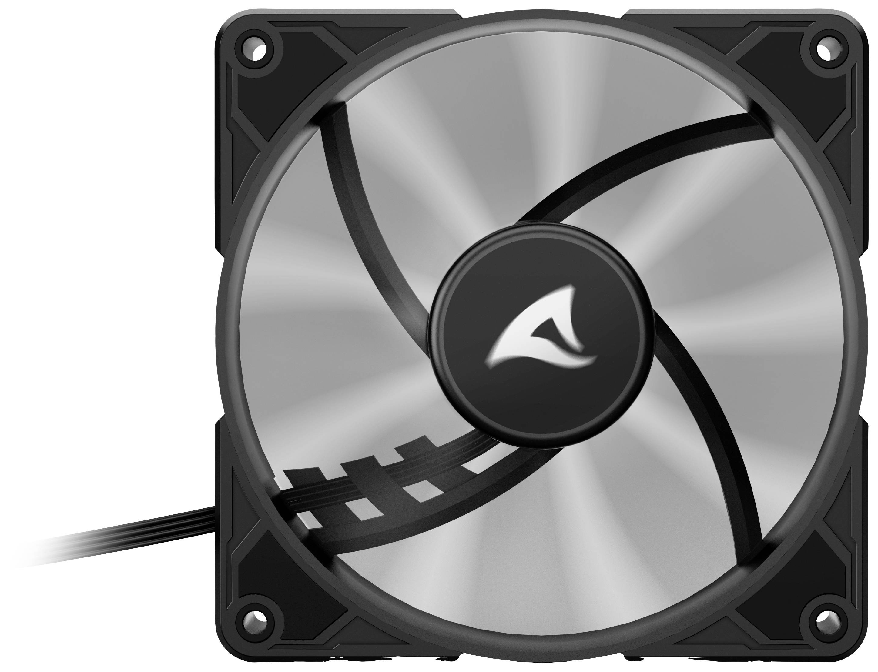 Un ventilateur d'ordinateur avec un cadre carré et une hélice noire, utilisé pour refroidir des appareils électroniques.