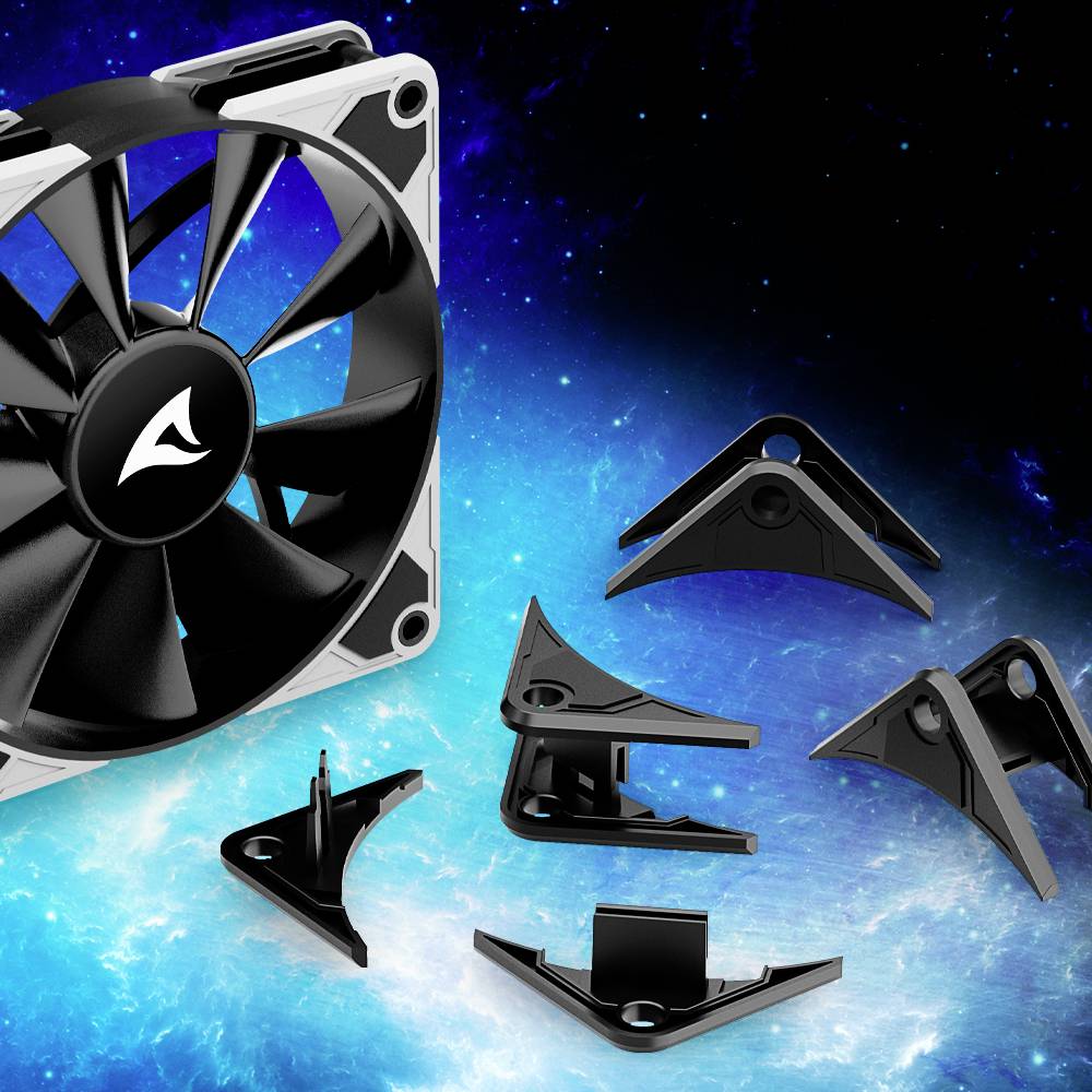 Un ventilateur d'ordinateur noir avec un cadre blanc sur un fond spatial, entouré de plusieurs clips de montage noirs.