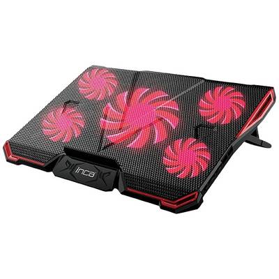 Un refroidisseur pour ordinateur portable avec cinq ventilateurs rouges lumineux et un design en grille noir, marqué 'inca'.