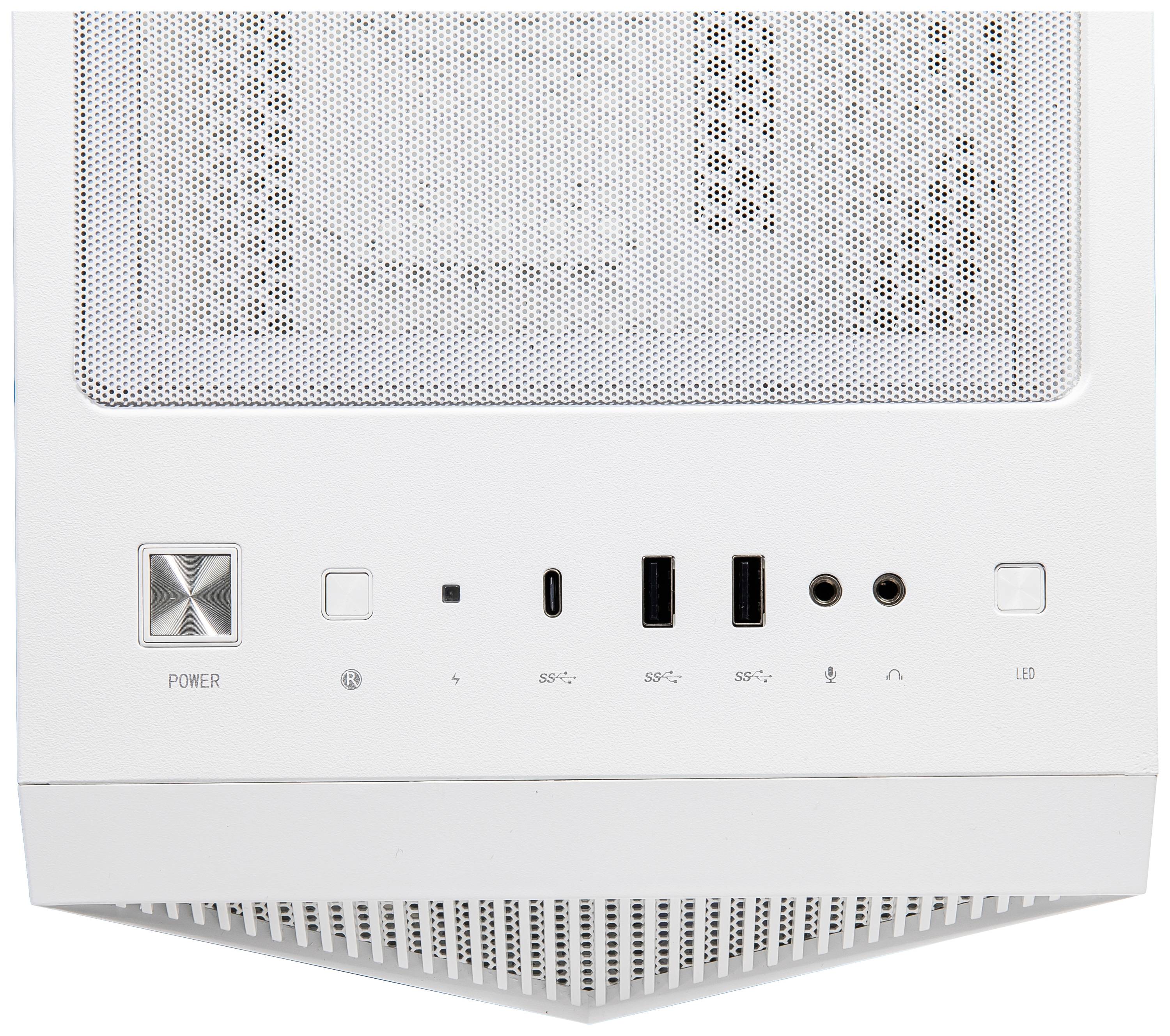 Boîtier d'ordinateur blanc avec des ports en façade : bouton d'alimentation, deux ports USB 3.0, prises audio, bouton LED et grille de ventilation en haut.