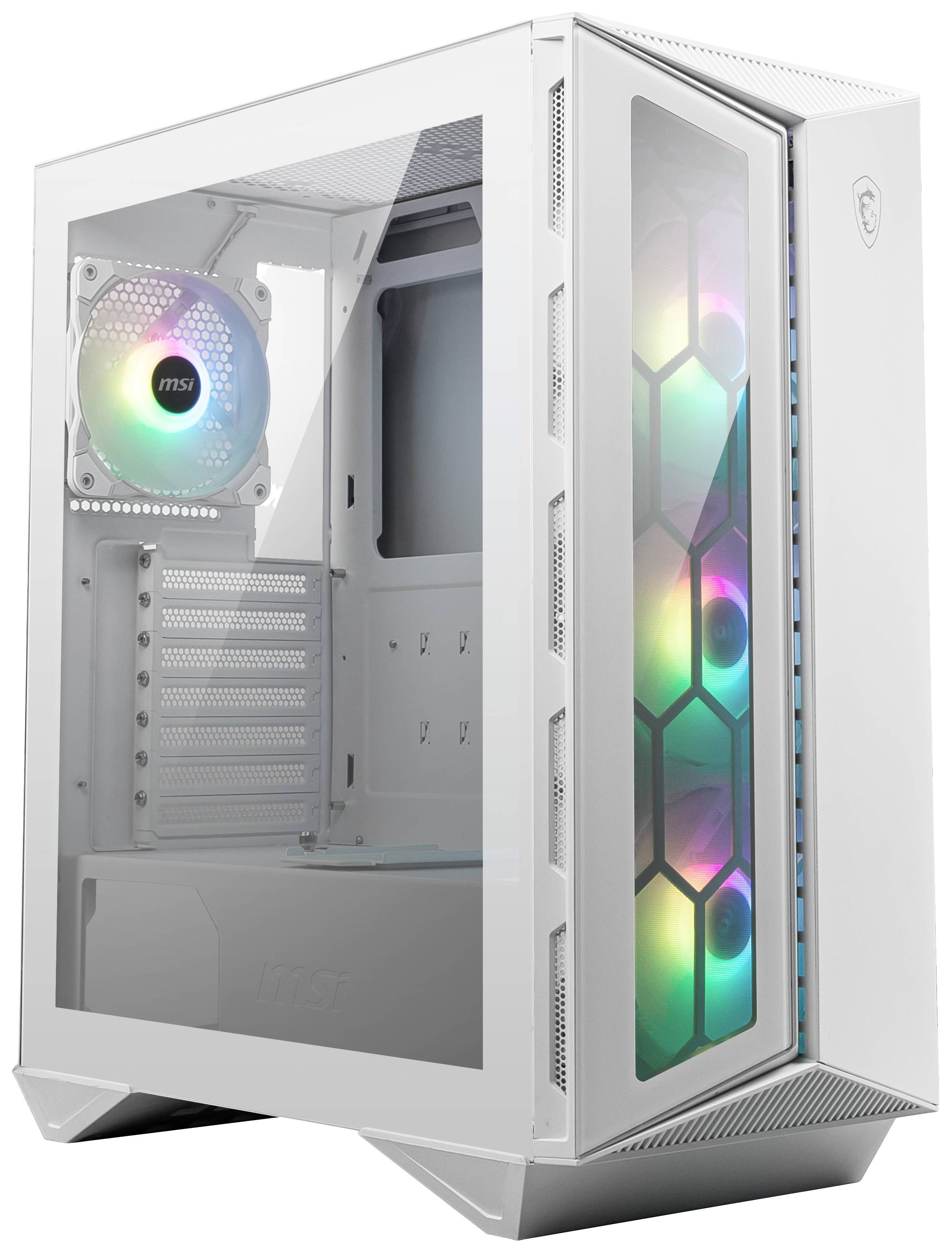 Un boîtier d'ordinateur blanc vide avec un panneau latéral transparent. Plusieurs lumières LED colorées sont montées à l'avant du boîtier.