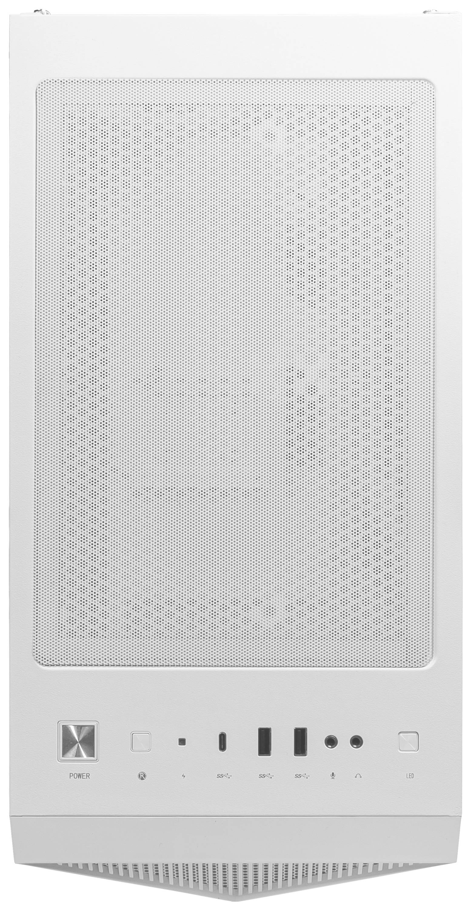 Un boîtier d'ordinateur blanc avec une grille sur la façade et plusieurs ports en bas, y compris des ports USB et un bouton d'alimentation.