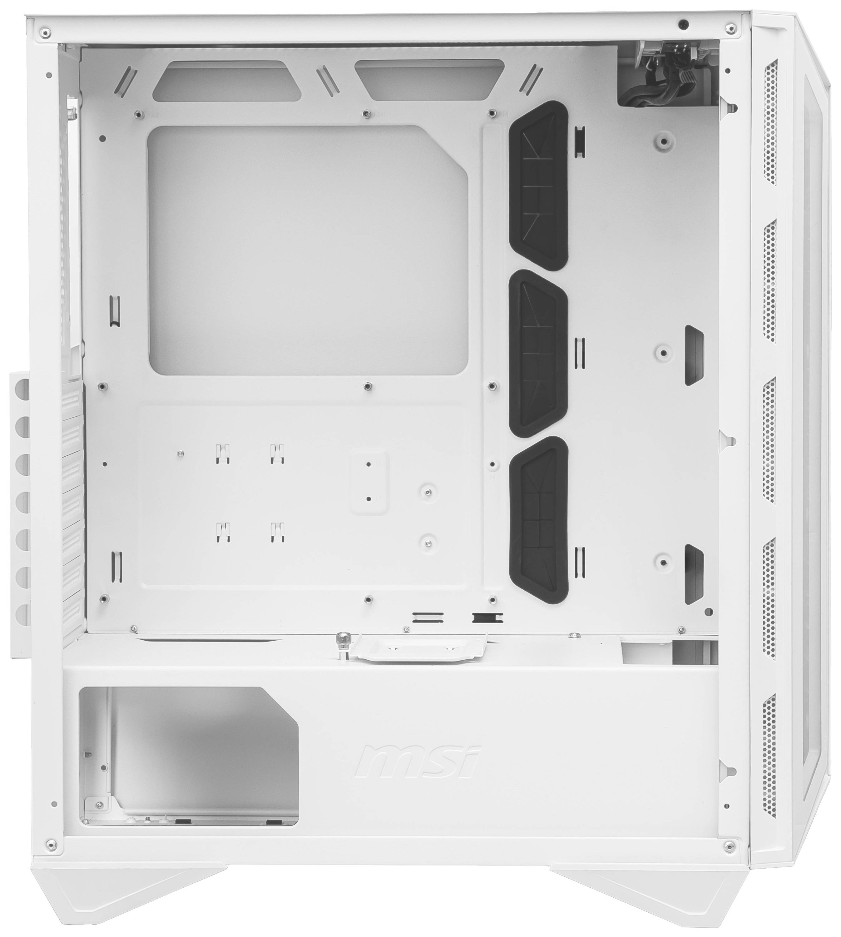 Boîtier d'ordinateur blanc vide avec l'intérieur ouvert, offrant de l'espace pour des composants tels que la carte mère et le système de refroidissement. Aucun câble ou matériel n'est installé.