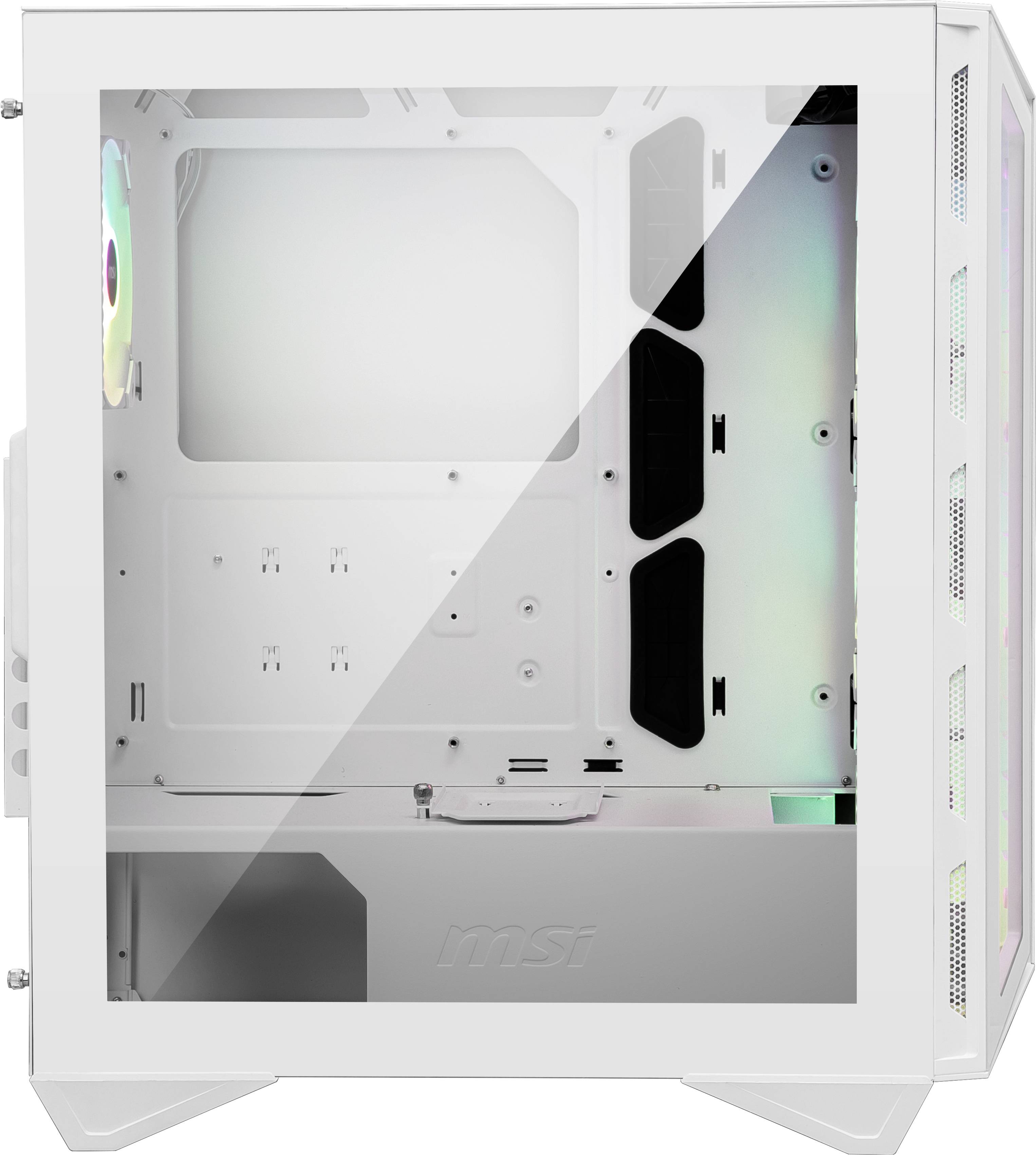 Un boîtier PC blanc avec une fenêtre en verre sur le côté gauche, permettant de voir l'intérieur. Il offre de l'espace pour plusieurs ventilateurs et disques durs.
