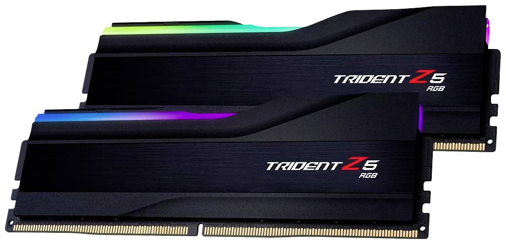 Deux modules de mémoire RAM noirs avec éclairage RVB portant l'inscription 'Trident Z5 RGB', adaptés pour une utilisation dans des ordinateurs.